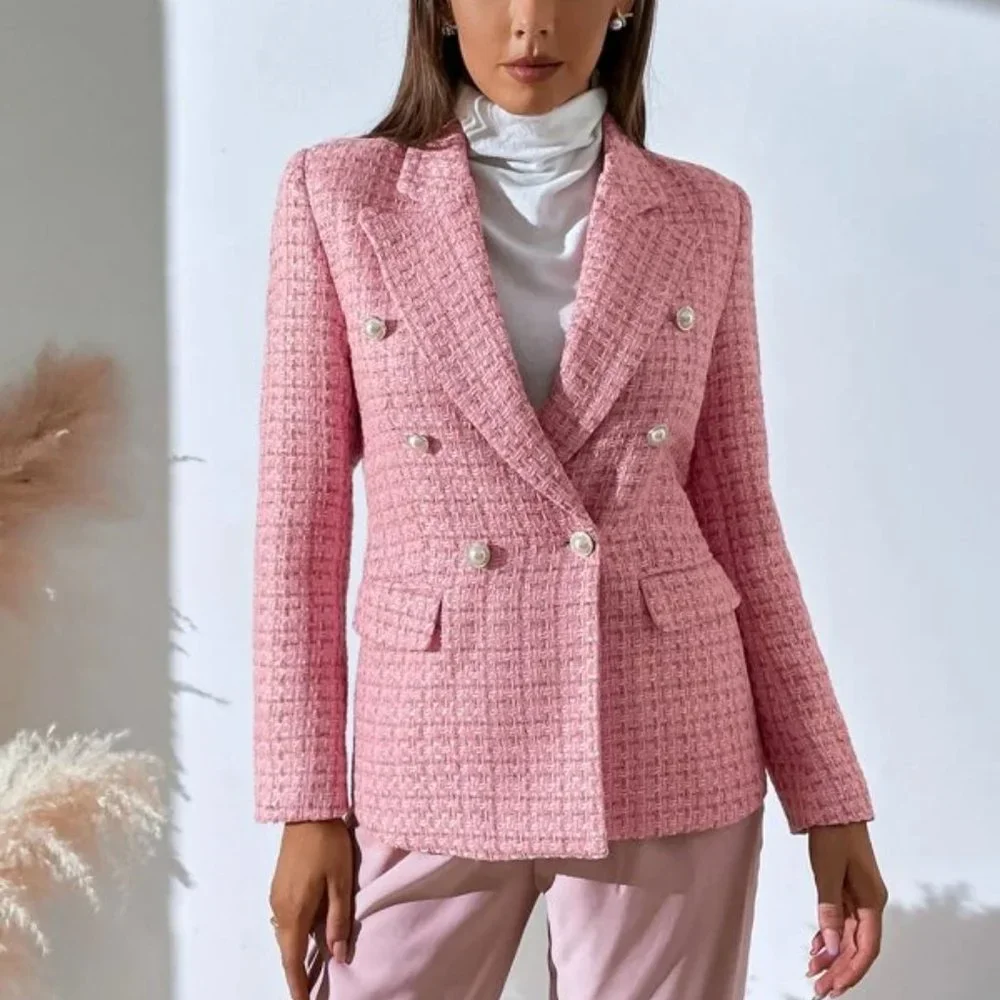 Classic Tweed Plaid Double Breasted Blazer Pink - Picture 6 of 6